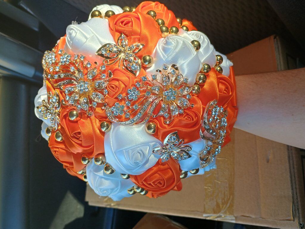 9.4 inch satin orange and white bridal bouquet