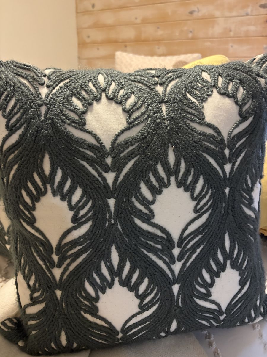 Decorative Accent Pillow Grey Embroidered Leaf Pattern Pillows