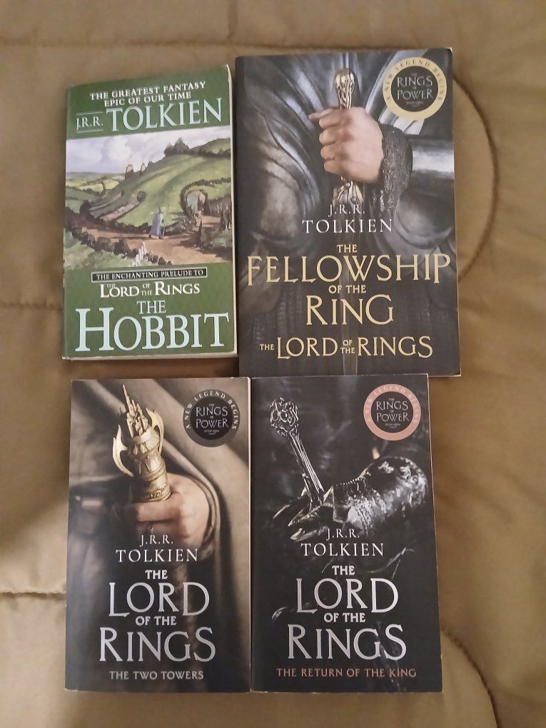 J.R.R. Tolkien The Hobbit & The Lord of the Rings Trilogy Books Set (4 Books) Rings of Power Covers