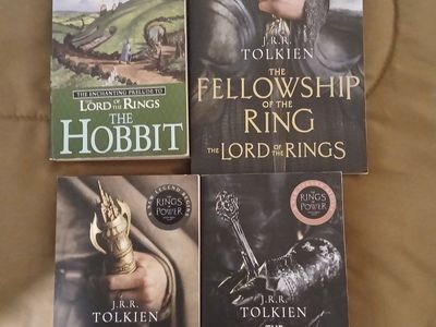 J.R.R. Tolkien The Hobbit & The Lord of the Rings Trilogy Books Set (4 Books) Rings of Power Covers