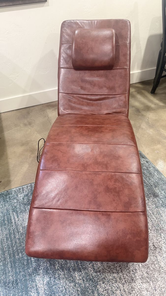 Brown Leather Chaise Lounge with Massage and Headrest - Good Condition