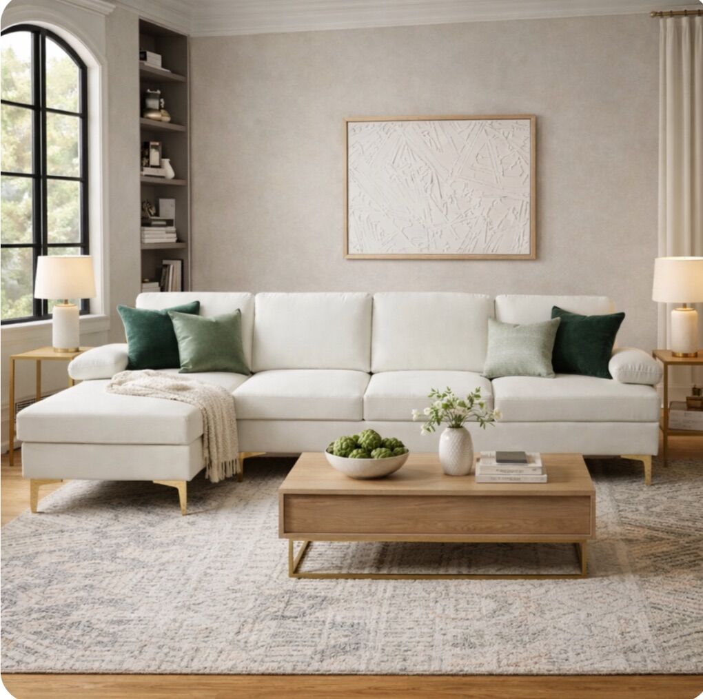 NEW Cream Sectional w/ gold legs & Left chaise
