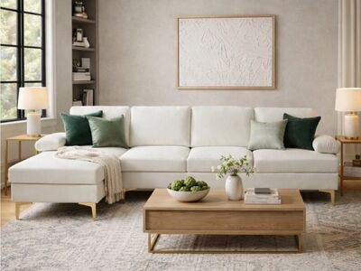 NEW Cream Sectional w/ gold legs & Left chaise