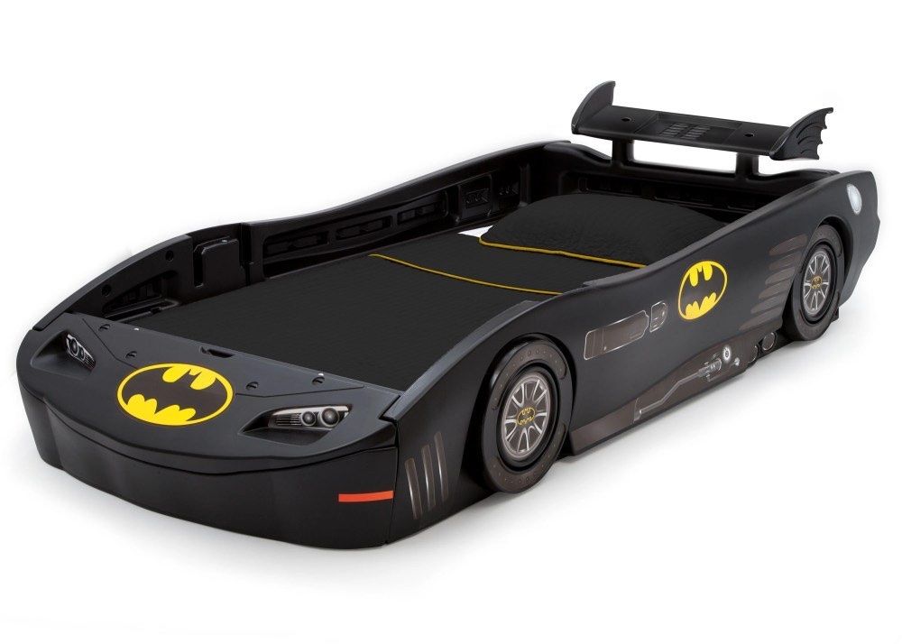 Kids Batmobile Car Bed Frame - Twin Size, Black with Batman Logos