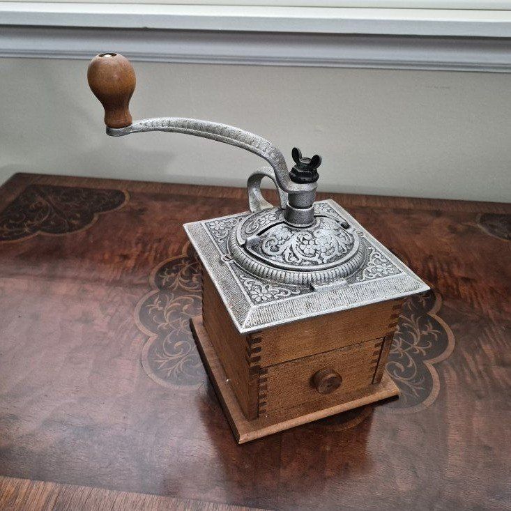 Vintage Wooden Hand Crank Coffee Grinder with Cast Iron Top and Drawer