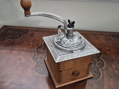 Vintage Wooden Hand Crank Coffee Grinder with Cast Iron Top and Drawer