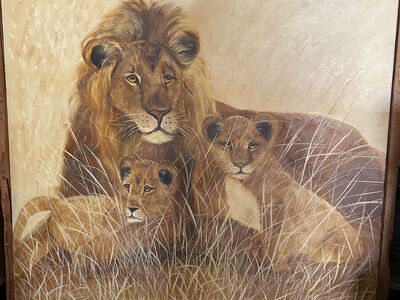 Huge 4’x4’ Framed Wildlife Oil Paintings – Tiger & Lions