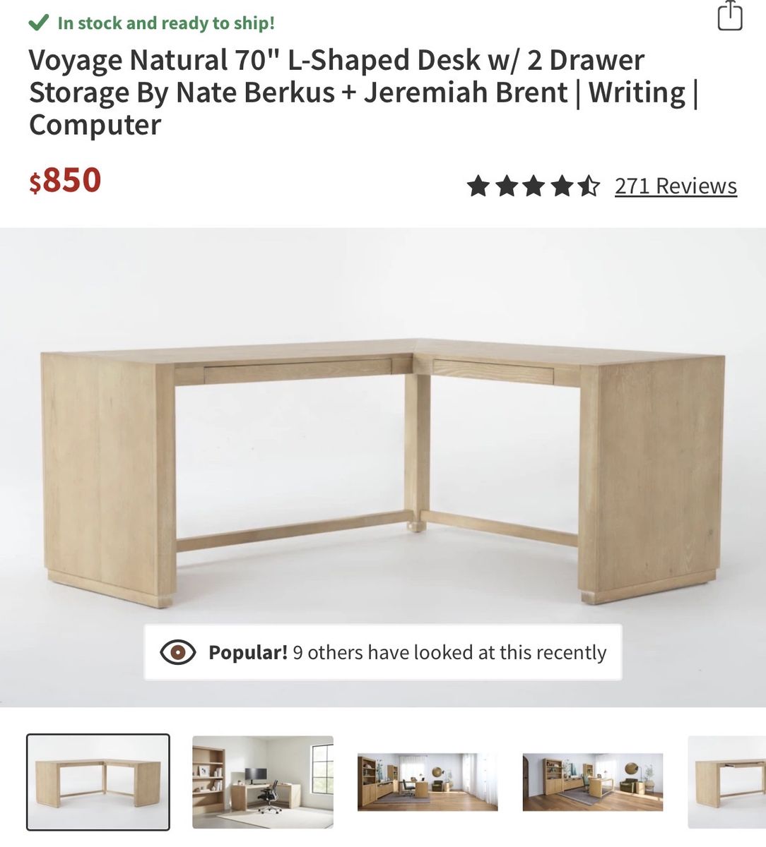 Like new L shaped Nate and Jeremiah Desk. With drawers.