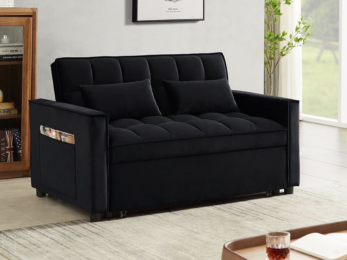 Convertible Sleeper Sofa Black Velvet Pull-Out Sofa Bed with Storage Pockets