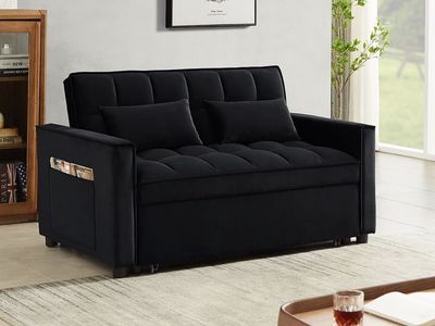 Convertible Sleeper Sofa Black Velvet Pull-Out Sofa Bed with Storage Pockets