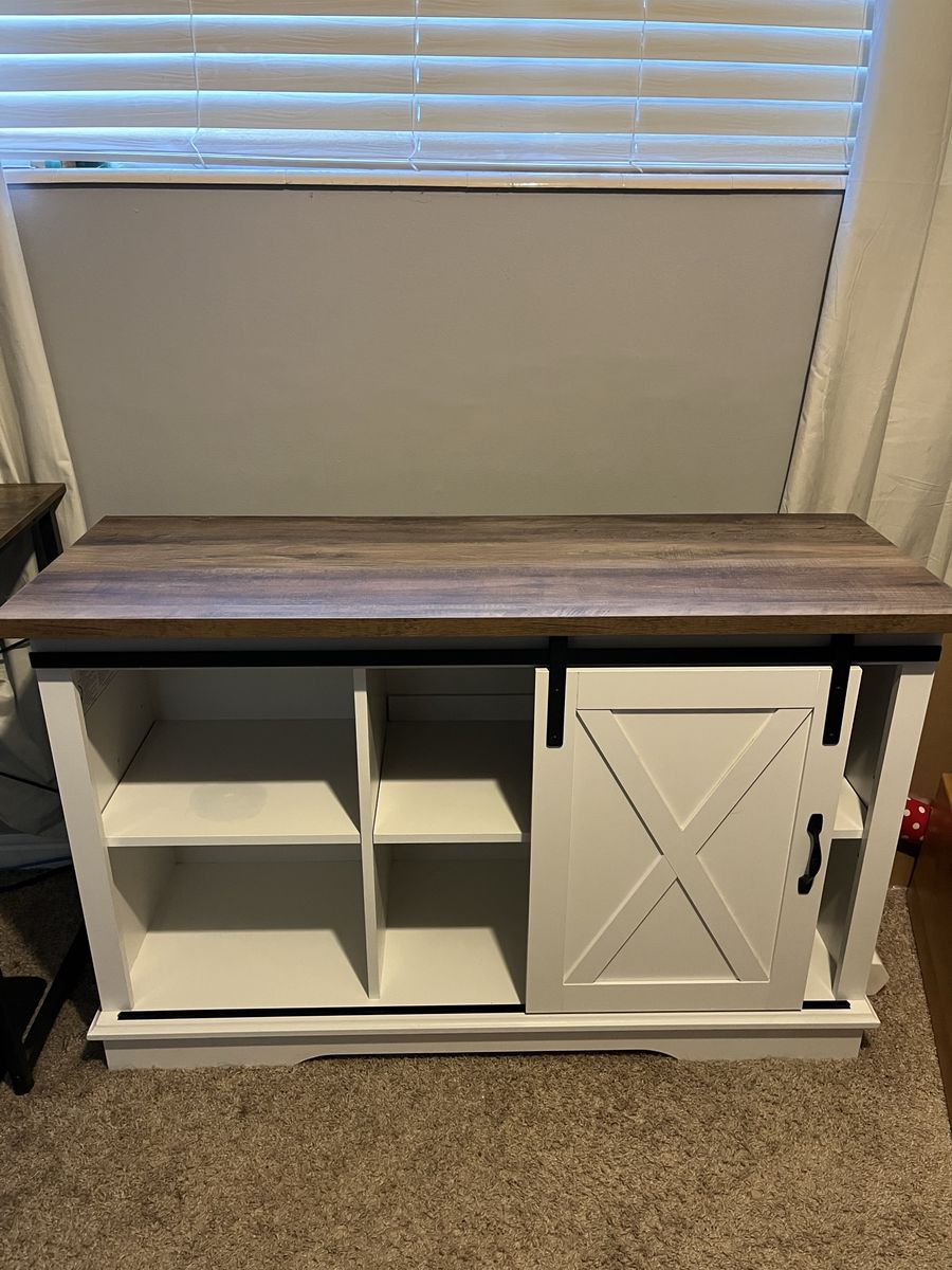 Farmhouse Style White & Brown Wood TV Stand/Console Table with Sliding Barn Door