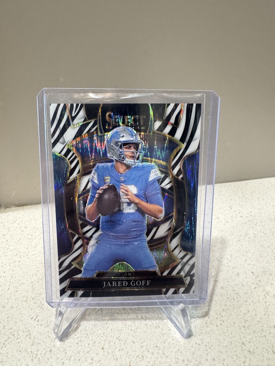 Jared Goff 2025 Panini Select Football No. 69 Concourse Zebra Prizm Detroit Lions Card