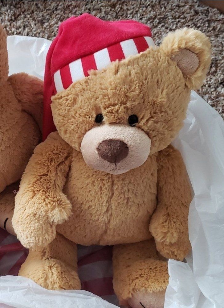 Cute Brown Teddy Bear Plush Toy with Red & White Striped Winter Hat - Soft Stuffed Animal