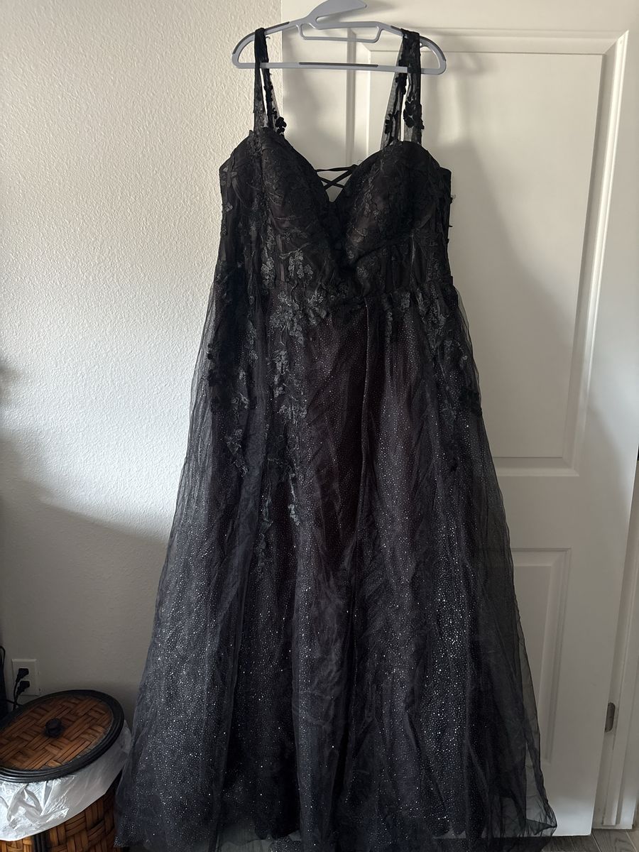 Black Lace Formal Gown - Floral Appliqué & Glitter Tulle Evening Dress - Size 3XL