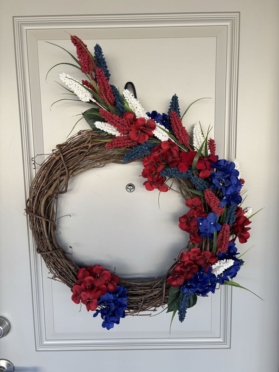 Handmade Patriotic Red White Blue Floral Grapevine Wreath - 4th of July Decor