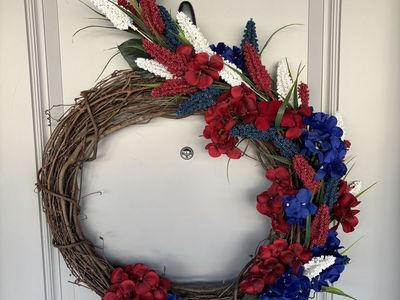 Handmade Patriotic Red White Blue Floral Grapevine Wreath - 4th of July Decor