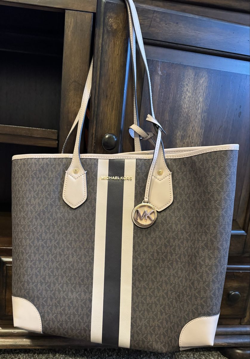 Michael Kors Large Signature Monogram Stripe Tote Bag Brown/Cream Shoulder Carryall