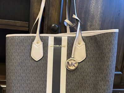 Michael Kors Large Signature Monogram Stripe Tote Bag Brown/Cream Shoulder Carryall