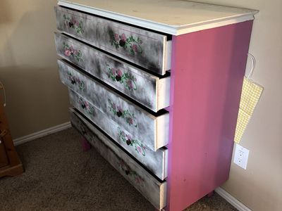 Shabby Chic Pink & Gray 5-Drawer Dresser with Floral Accents