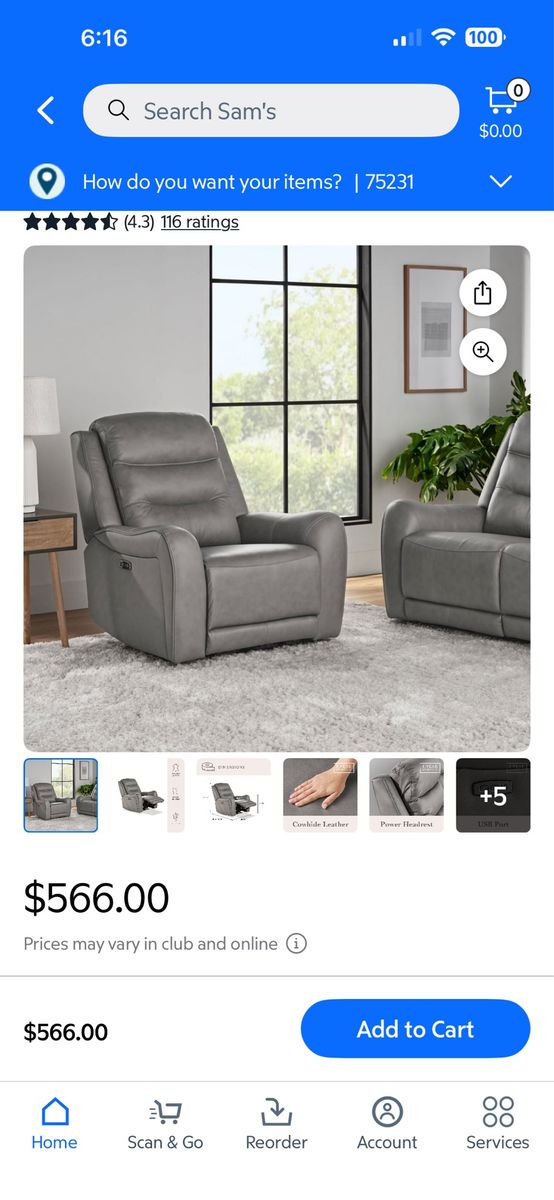 Member's Mark Cooper Power Recliner in Grey - Cushioned Leather, Power Headrest, USB Port