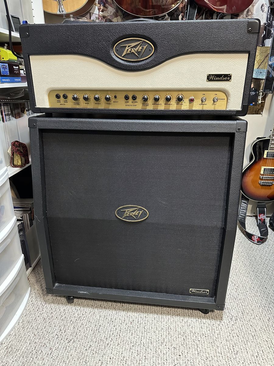 Peavey 100w Amp with Windsor 4-12s speaker stack and foot pedal.