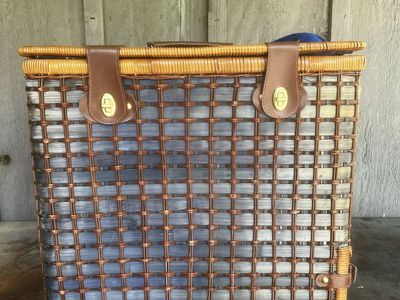 Wicker Picnic Basket for 4 - Blue/Gray/Brown - Complete Set w/ Plates, Utensils & Glasses