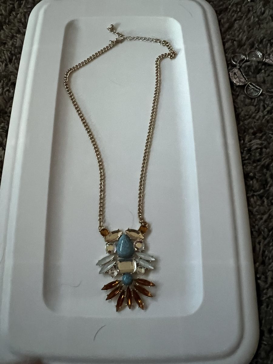 Gold Tone Chain Statement Necklace with Multi-Color Gemstone Pendant