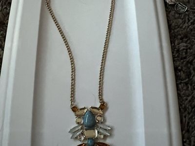 Gold Tone Chain Statement Necklace with Multi-Color Gemstone Pendant