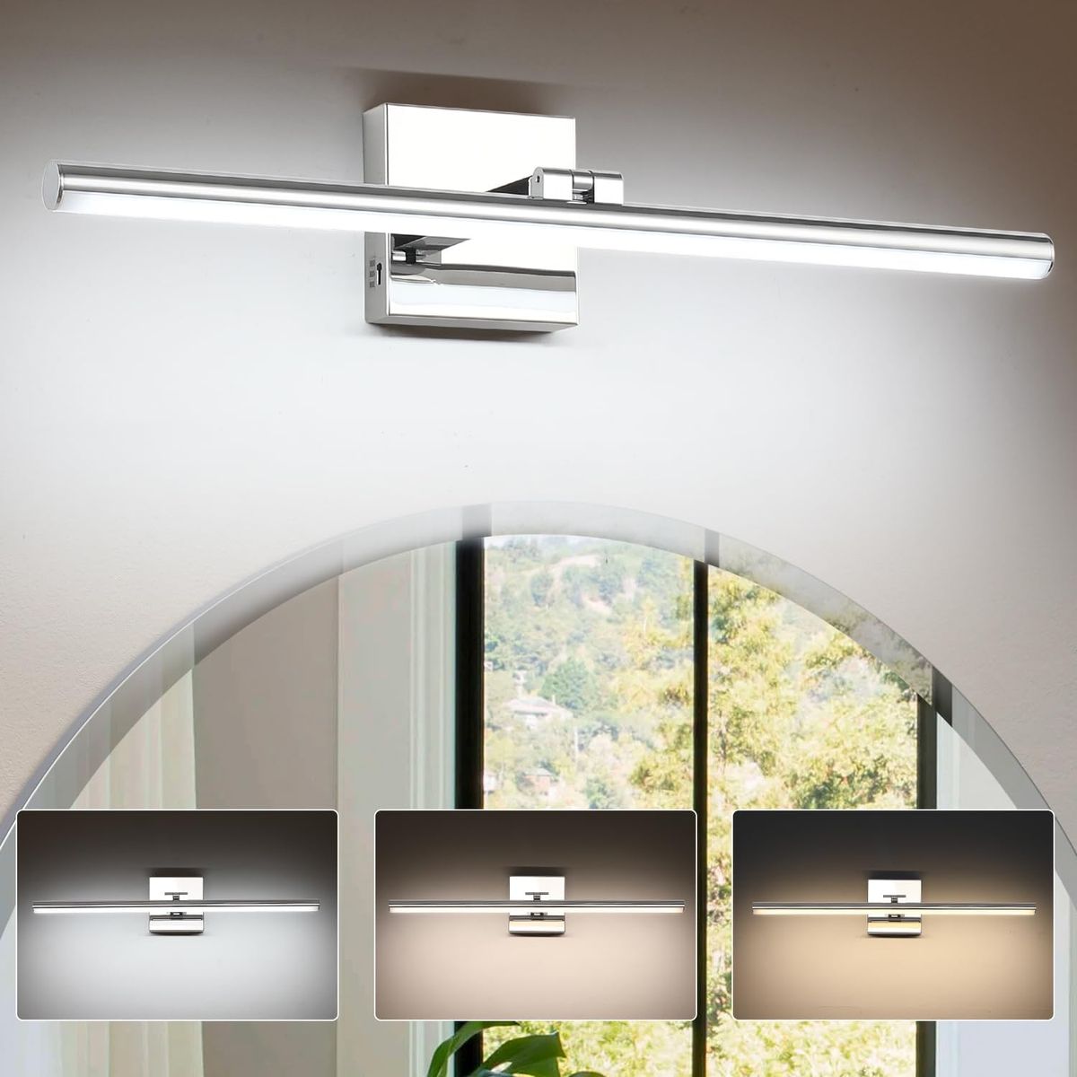 24" Chrome LED Modern Bathroom Vanity Light with Angle Adjustable (3000K/4000K/6000K, Dimmable)