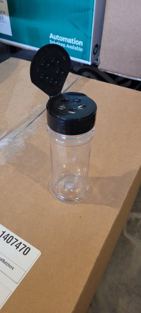 5.5 oz Clear PET Round Plastic Spice Bottles with 48mm Black Lined Caps 1000 pieces. $0.30/bottle.