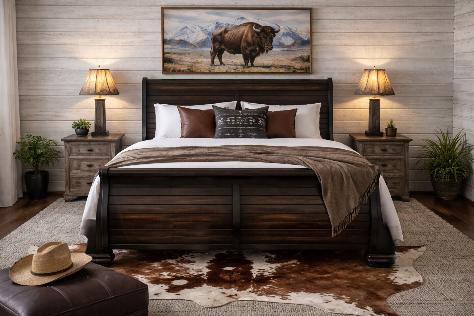 Black King Sleigh Bed Western Rustic Cabin Farmhouse Dark Academia Cottagecore