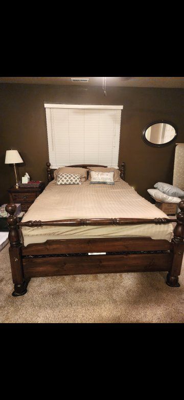 Queen/Full Adjustable Bed Frame + Nightstand — Solid Wood, Vintage Style