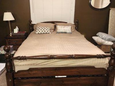 Queen/Full Adjustable Bed Frame + Nightstand — Solid Wood, Vintage Style