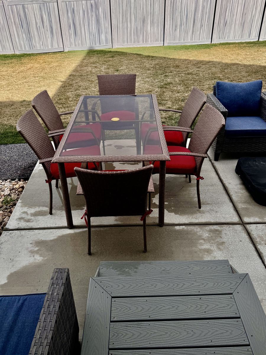 Patio Rattan Glass Table And Matching Six Chairs