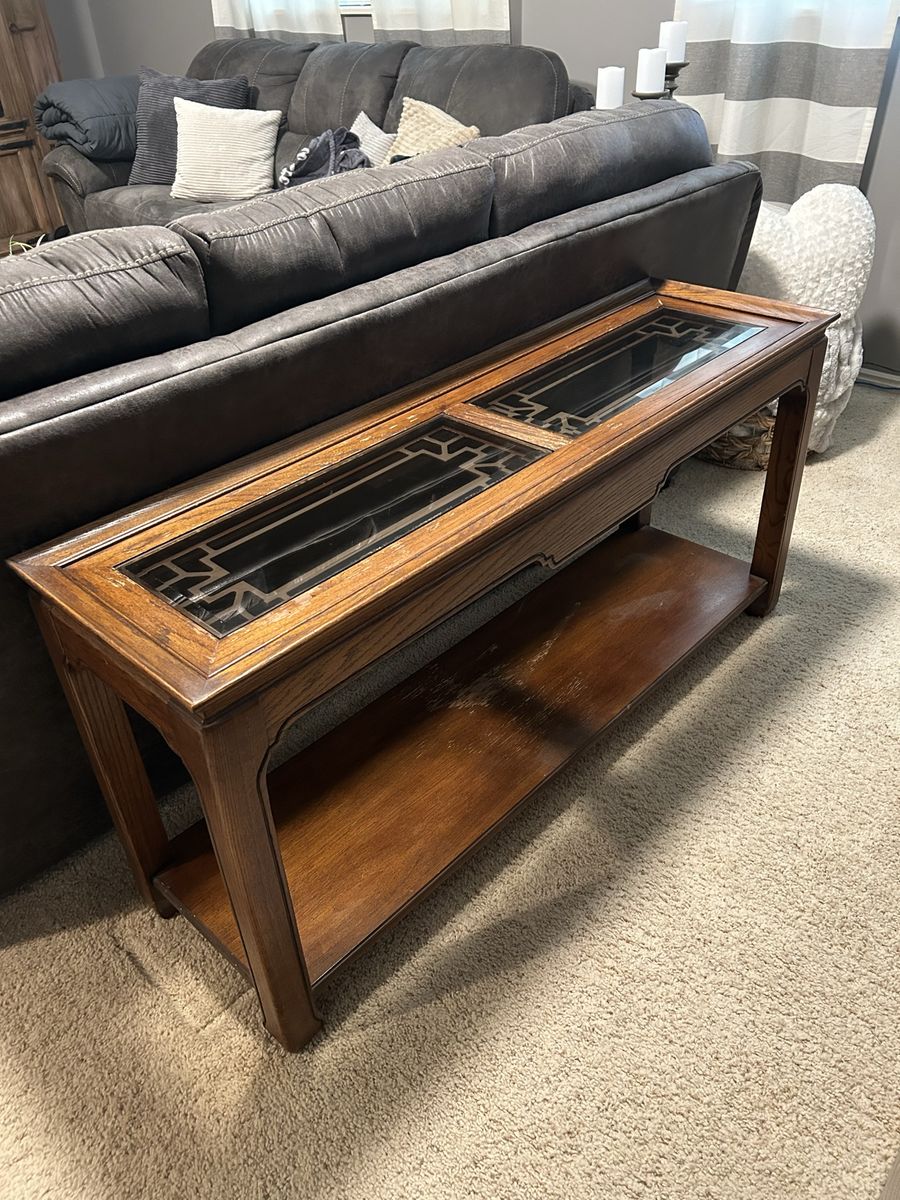 Vintage Console Sofa Table with Glass Top and Storage Shelf - Wood Finish