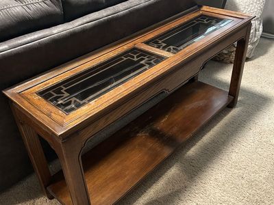 Vintage Console Sofa Table with Glass Top and Storage Shelf - Wood Finish