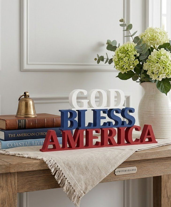 God Bless America Patriotic Decor Wooden Sign Red White Blue Tiered Tabletop Decoration