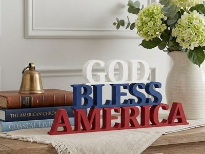 God Bless America Patriotic Decor Wooden Sign Red White Blue Tiered Tabletop Decoration
