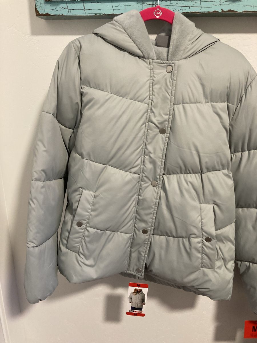 NEW 32 degrees heat womens hooded puffer jacket plush lined MEDIUM full zip snap