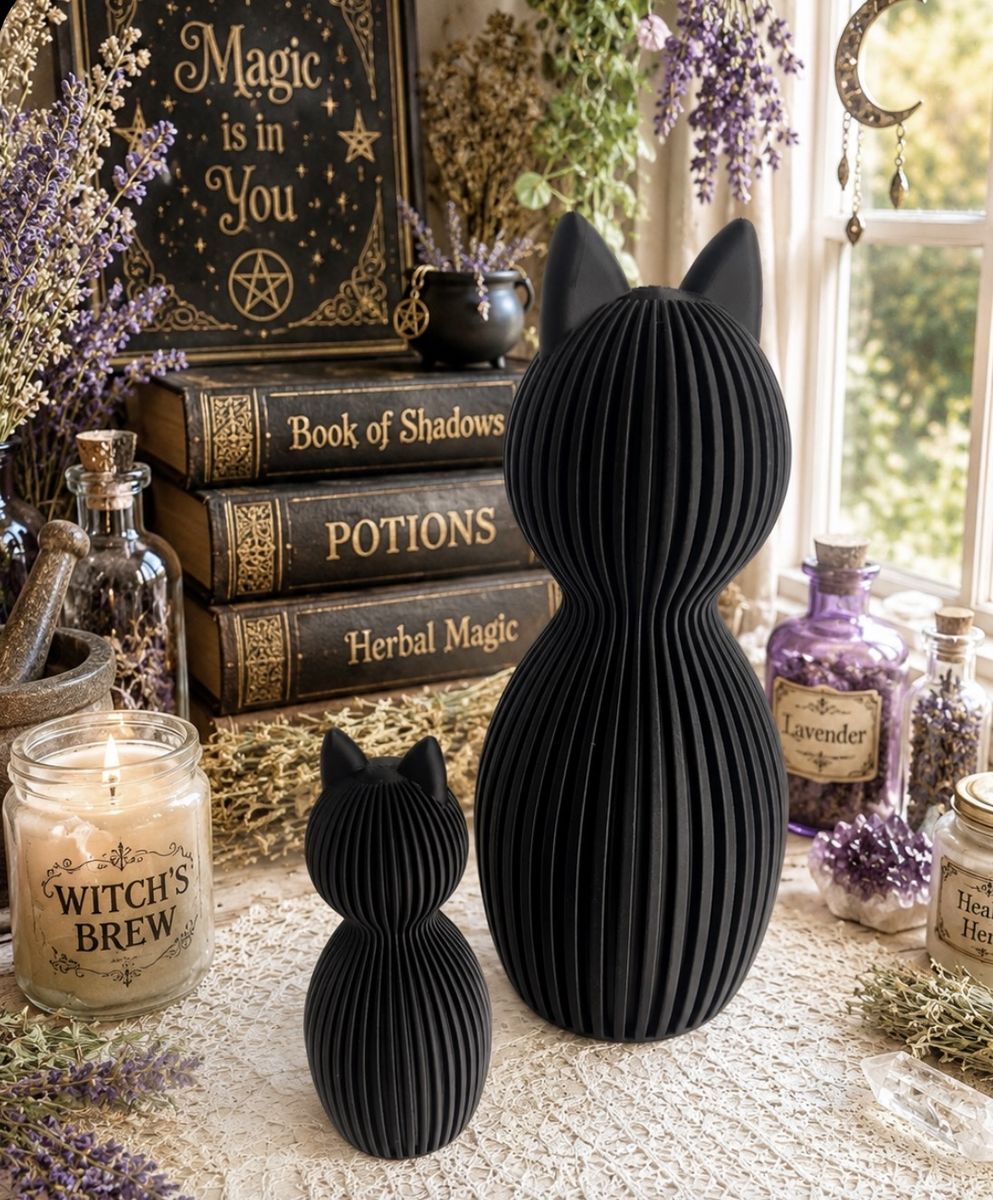Unique Black Cat Figurines - Set of 2 Modern Ribbed Decor, Witchy Aesthetic