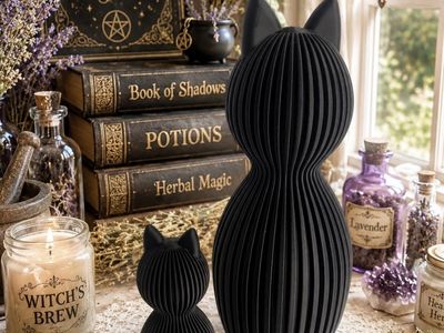 Unique Black Cat Figurines - Set of 2 Modern Ribbed Decor, Witchy Aesthetic