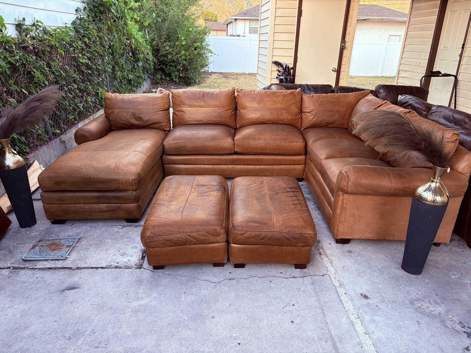 Large Brown Leather Sectional Sofa with Two Matching Ottomans - Spacious and Comfortable