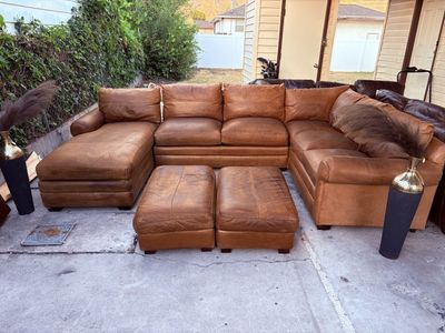Large Brown Leather Sectional Sofa with Two Matching Ottomans - Spacious and Comfortable