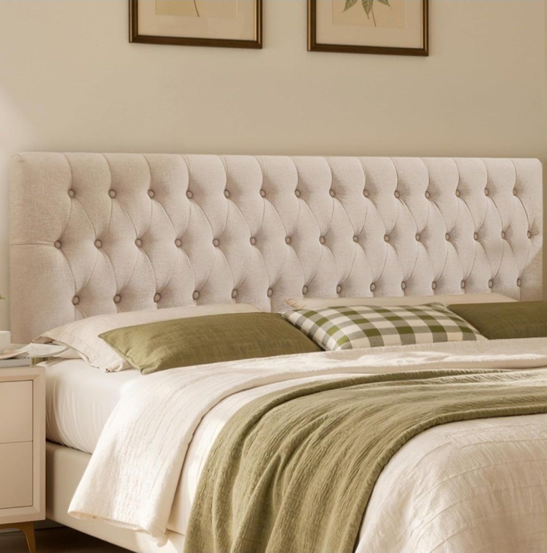 Queen Size Beige Tufted Upholstered Headboard with Adjustable Metal Legs  #535