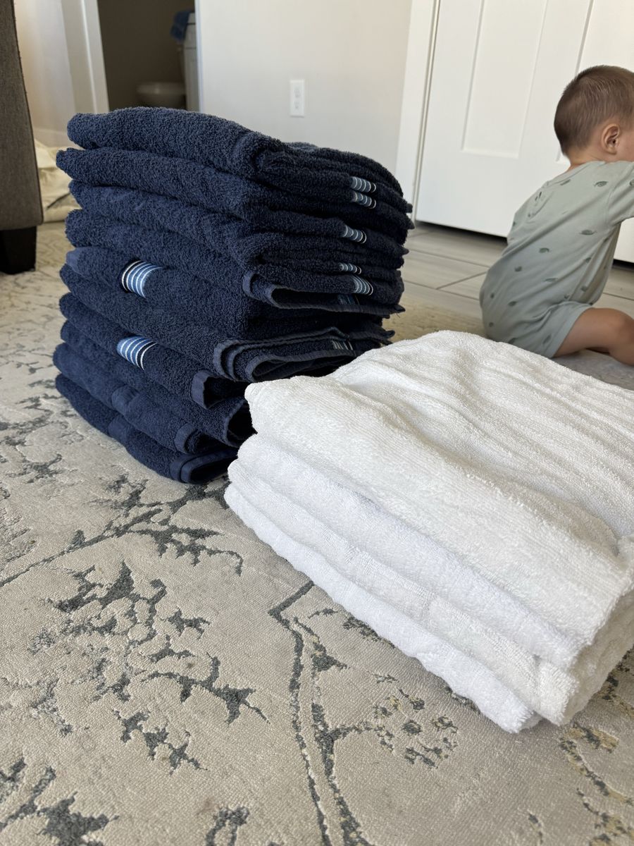 Navy Blue & White Bath Towels - Set of 14 (10 Navy, 4 White) Cotton Blend