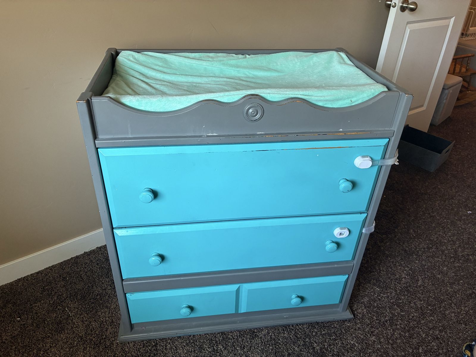 Baby Crib and Changing Table Dresser Set - Grey & Blue Nursery Furniture