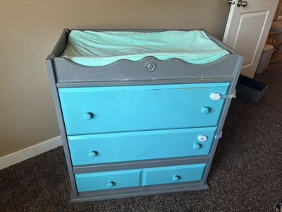 Baby Crib and Changing Table Dresser Set - Grey & Blue Nursery Furniture