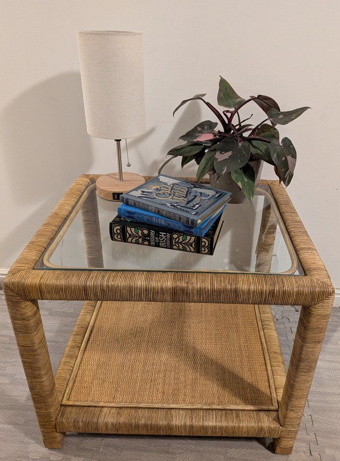 NEW Coastal Rattan Glass Top End Table