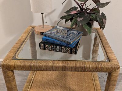 NEW Coastal Rattan Glass Top End Table