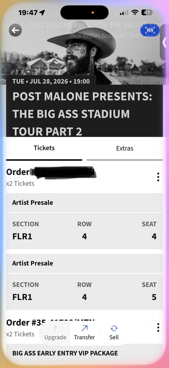 Post Malone The Big Ass Stadium Tour Part 2 - July 28, 2026 -  FLR1 Row 4 Tickets-Early entry VIP Package